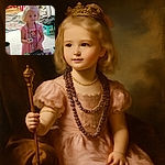 A little girl dressed in a pink princess dress and adorned with multiple bead necklaces is standing indoors, holding a small toy or device. The room is cozy with a patterned rug, a chair, and various household items scattered in the background. The girl looks curious and slightly amused, creating a charming and candid moment.