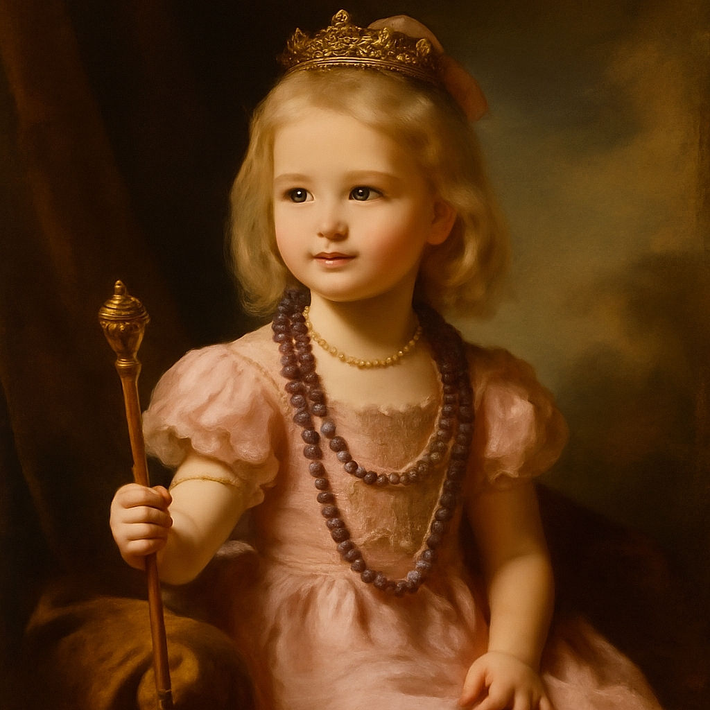 A little girl dressed in a pink princess dress and adorned with multiple bead necklaces is standing indoors, holding a small toy or device. The room is cozy with a patterned rug, a chair, and various household items scattered in the background. The girl looks curious and slightly amused, creating a charming and candid moment.