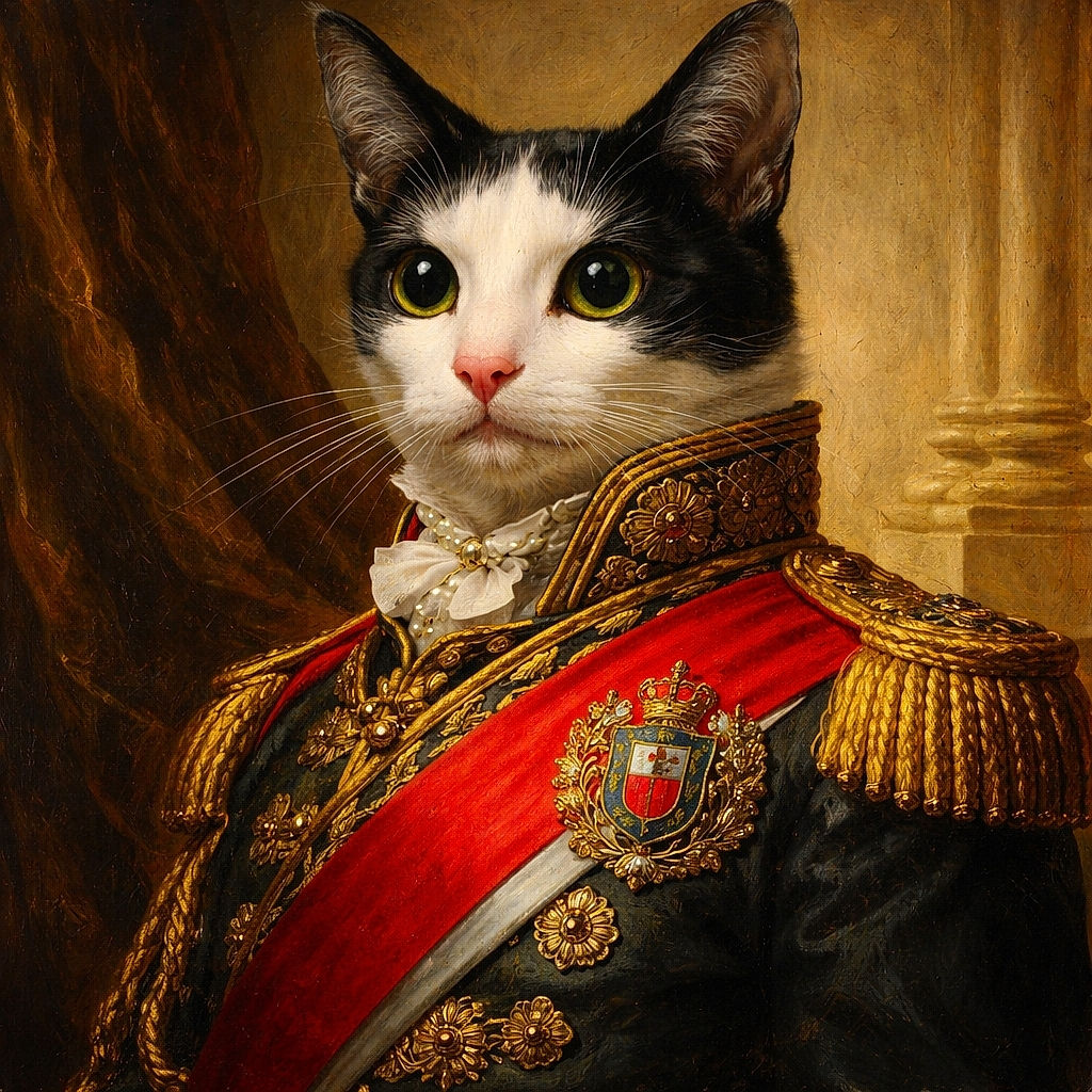 A wide-eyed tuxedo cat stares straight at the camera wearing a leopard-print bow tie with a tiny jingling bell, perched on a wooden surface against a neutral background — looks ready for its close-up or a very fancy nap.