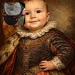 A cheerful baby in a striped bib and orange shorts is standing with support from an adult, showing a little drool and a determined smile, ready to take on the world (or at least the next step). The cozy indoor background includes a red and black checkered pattern adding a splash of color.