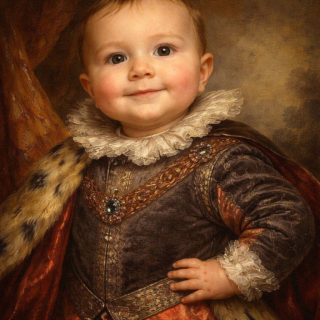 A cheerful baby in a striped bib and orange shorts is standing with support from an adult, showing a little drool and a determined smile, ready to take on the world (or at least the next step). The cozy indoor background includes a red and black checkered pattern adding a splash of color.