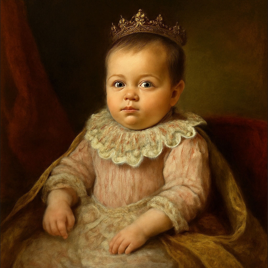 A cute baby dressed in floral clothes is being gently held, looking curiously at the camera with a soft, cozy blanket in the background and a relaxed adult nearby.