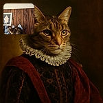 A curious tabby cat perched among blue and white ceramic jars and figurines against a warm wooden paneled wall, with a framed picture of a statue in the background, creating a cozy and artistic still life scene.