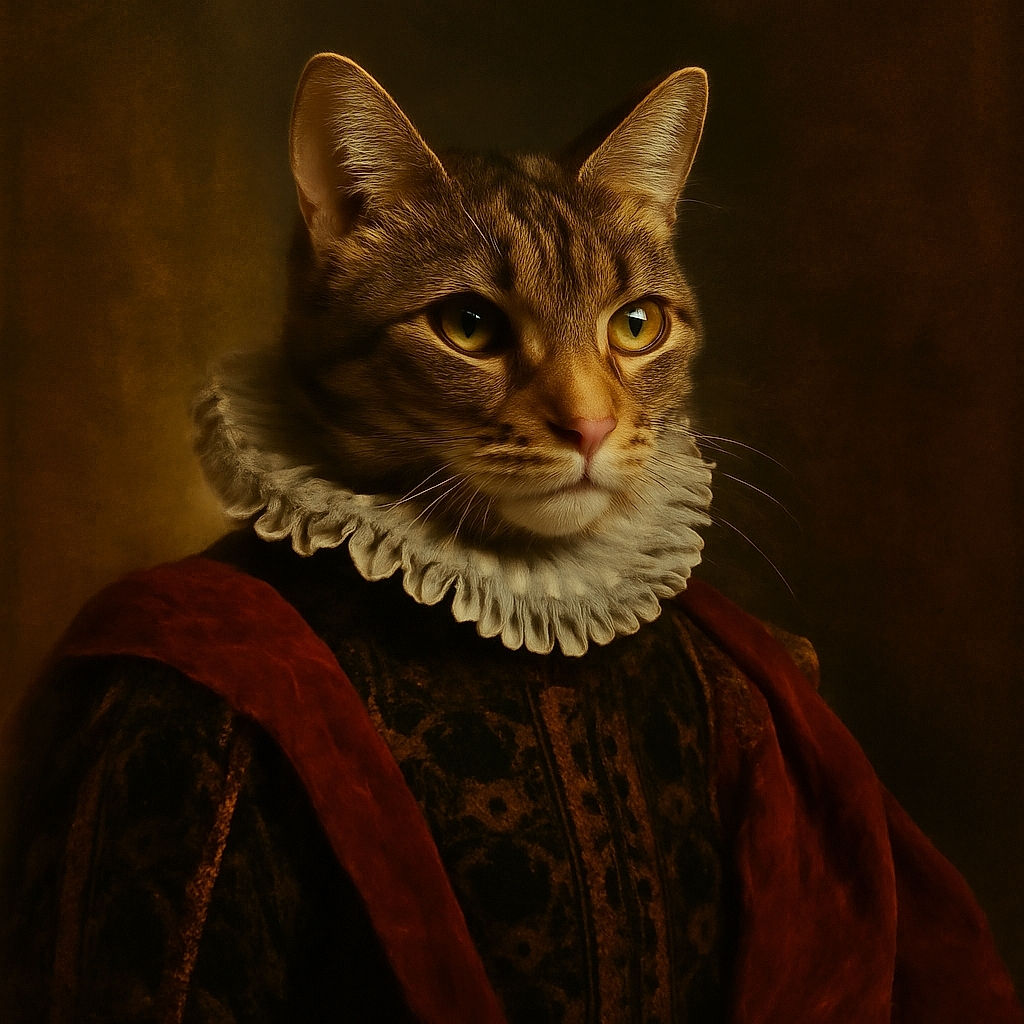 A curious tabby cat perched among blue and white ceramic jars and figurines against a warm wooden paneled wall, with a framed picture of a statue in the background, creating a cozy and artistic still life scene.