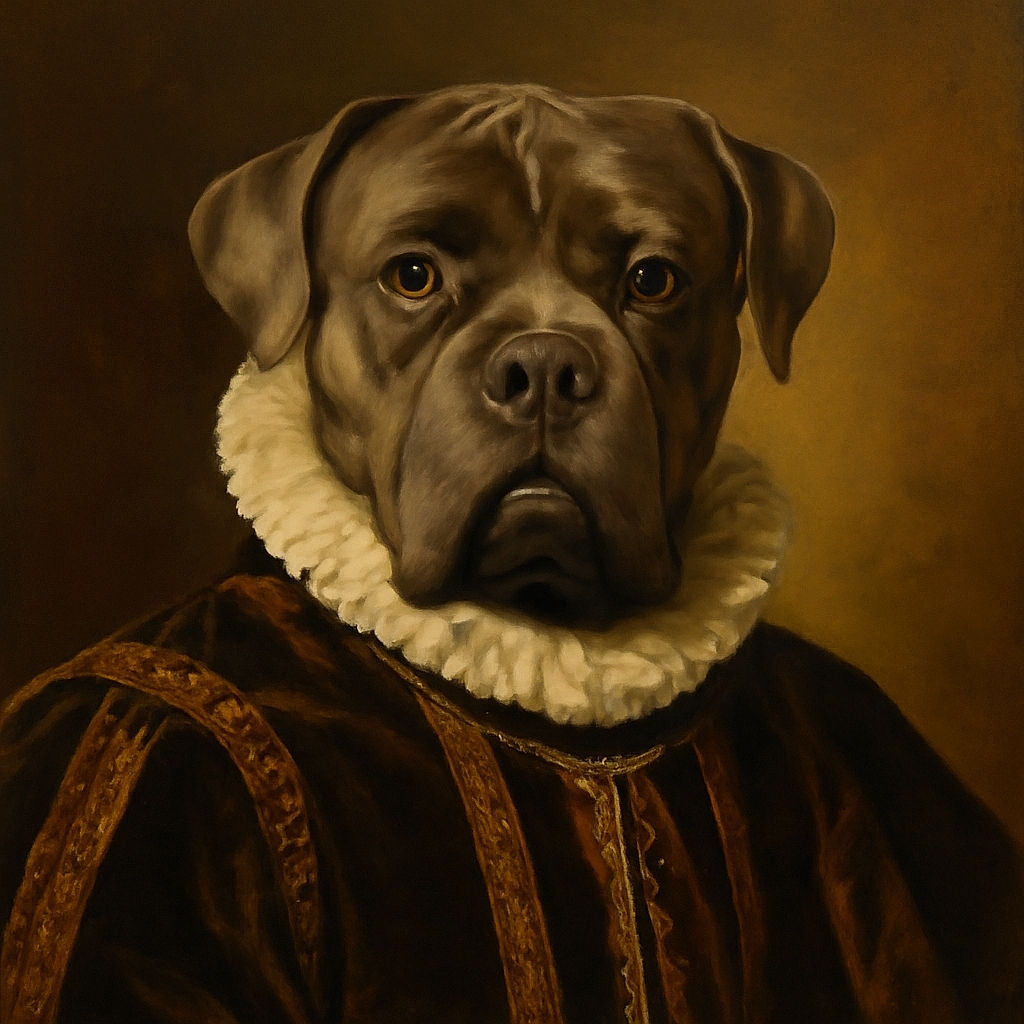 A serious-looking dog, possibly a Cane Corso or similar breed, gazes intently at the camera with soulful eyes. The background features a red cushion and neutral walls, giving a cozy indoor vibe. The photo is slightly soft in focus but captures the dog's expressive face well.