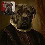 A serious-looking dog, possibly a Cane Corso or similar breed, gazes intently at the camera with soulful eyes. The background features a red cushion and neutral walls, giving a cozy indoor vibe. The photo is slightly soft in focus but captures the dog's expressive face well.