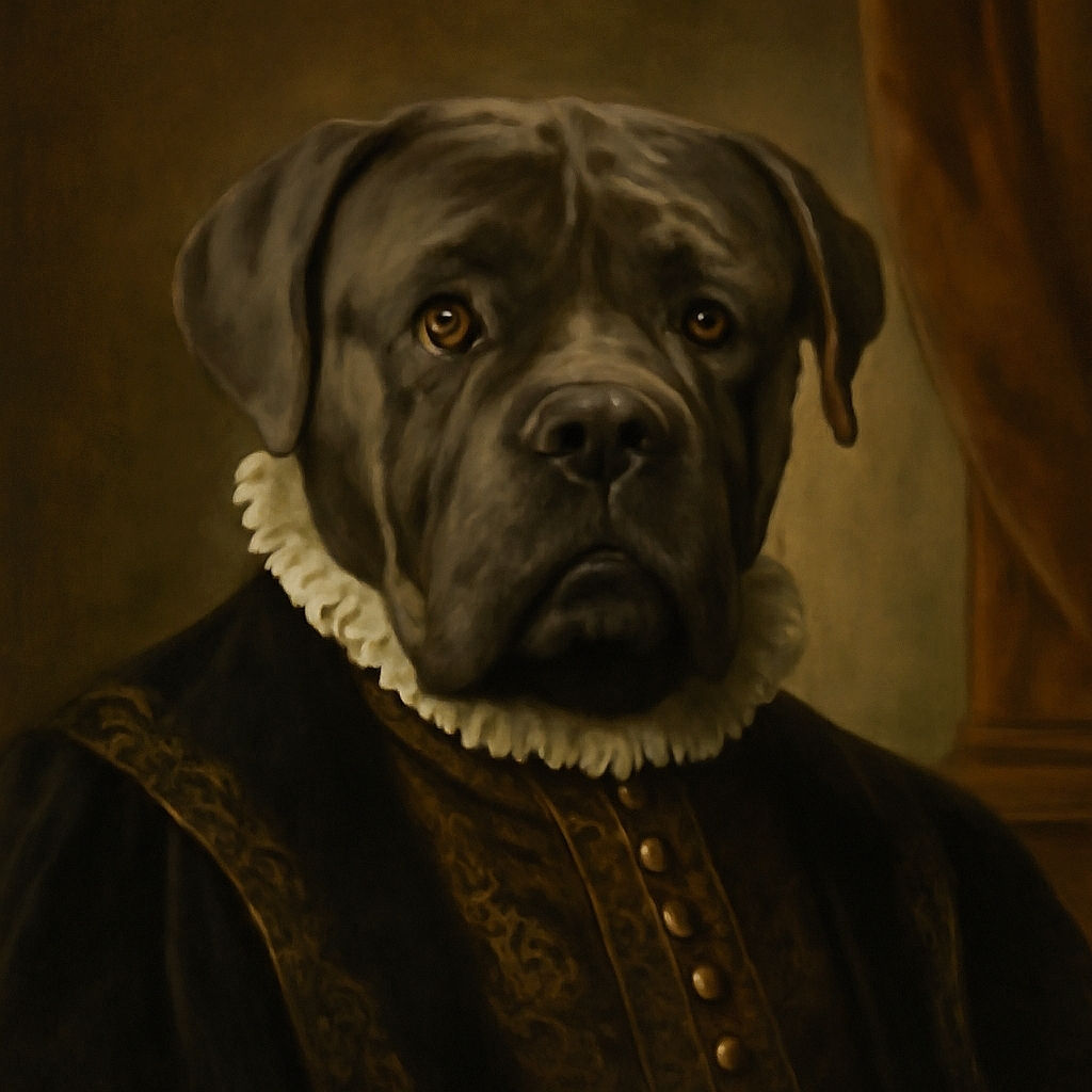 A serious-looking dog, possibly a Cane Corso or similar breed, gazes intently at the camera with soulful eyes. The background features a red cushion and neutral walls, giving a cozy indoor vibe. The photo is slightly soft in focus but captures the dog's expressive face well.