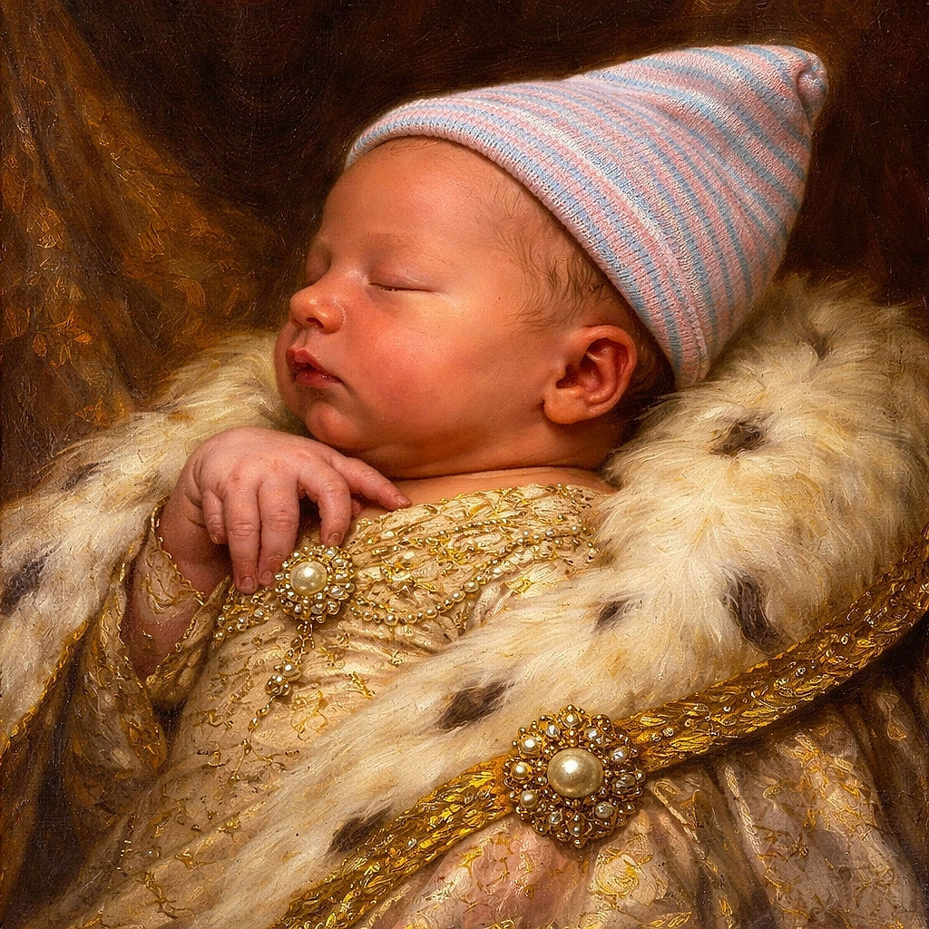 A peaceful newborn baby is sleeping soundly, wearing a cute striped hat with soft lighting highlighting the delicate features and tiny hands gently resting on the chest.