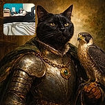 A sleek black cat lounges stretched out on a patterned bedspread, casting a relaxed and slightly mysterious vibe. The background shows a cluttered dresser and a bright blue wall, adding a casual, lived-in feel to the scene.