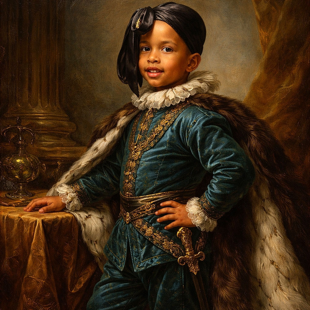 A cheeky little kid strikes a pose on the bathroom counter like it's a fashion runway — teal tracksuit, matching sneakers, and a dramatic headwrap. The mirror doubles the charm, warm tiles and a shower head in the background give it a cozy, slightly chaotic home-photo vibe.