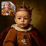 A cute baby lying on a fluffy white blanket, wearing a cozy brown outfit decorated with playful animal patches, gazing curiously at the camera with soft natural light highlighting the gentle features.