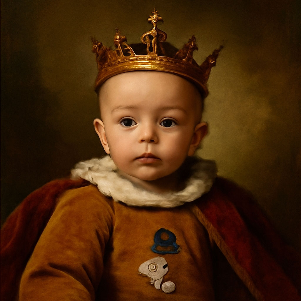 A cute baby lying on a fluffy white blanket, wearing a cozy brown outfit decorated with playful animal patches, gazing curiously at the camera with soft natural light highlighting the gentle features.