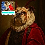 A bulldog dressed in an elaborate reindeer costume with antlers and a fluffy white mane, wearing a bright red cape, posing proudly on a wooden bench with a festive blurred background. The photo has a cheerful holiday vibe but includes a large text overlay with voting information.