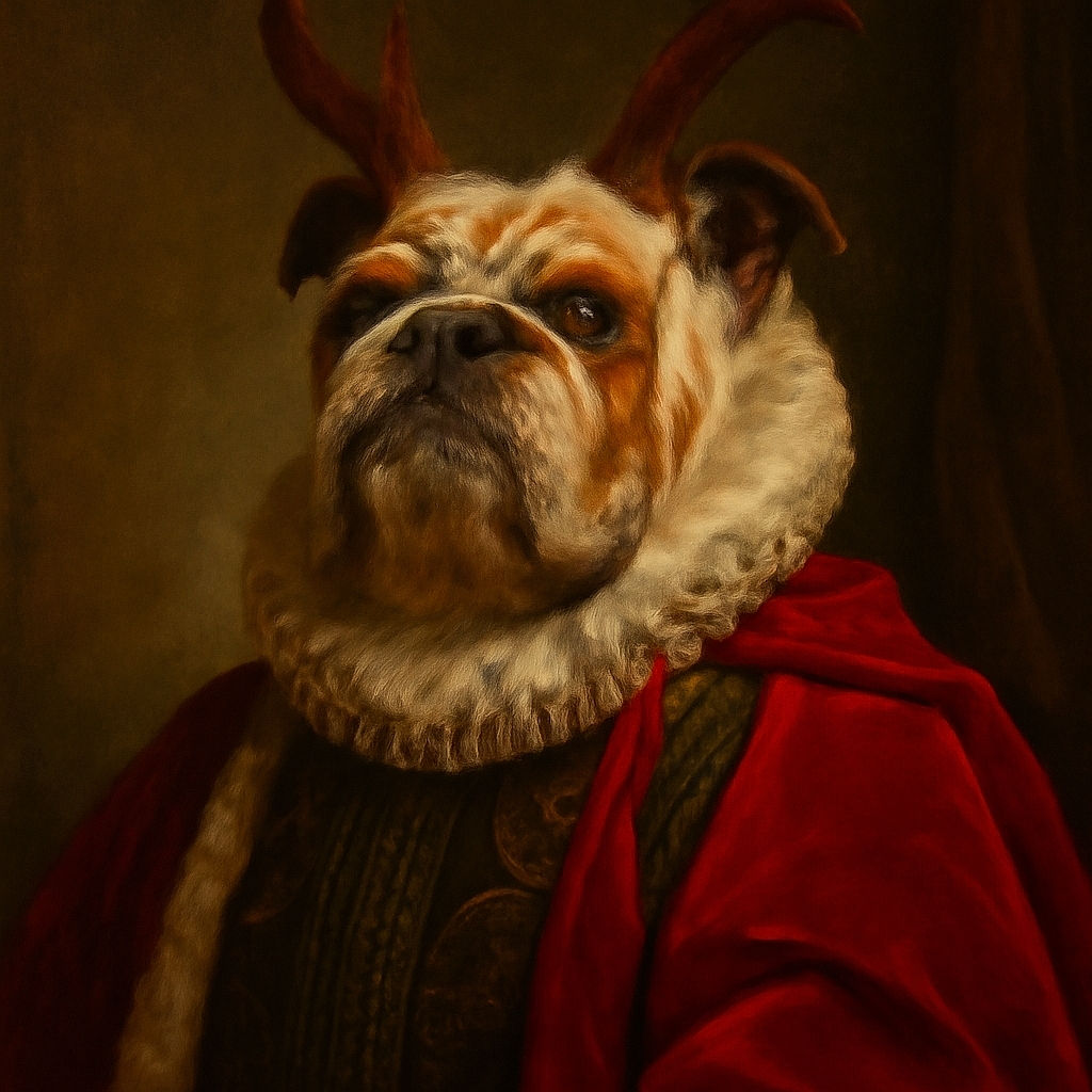 A bulldog dressed in an elaborate reindeer costume with antlers and a fluffy white mane, wearing a bright red cape, posing proudly on a wooden bench with a festive blurred background. The photo has a cheerful holiday vibe but includes a large text overlay with voting information.