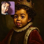 A close-up selfie of a curly-haired toddler making a playful face with their tongue out against a purple wall background, wearing a black shirt with white text partially visible.