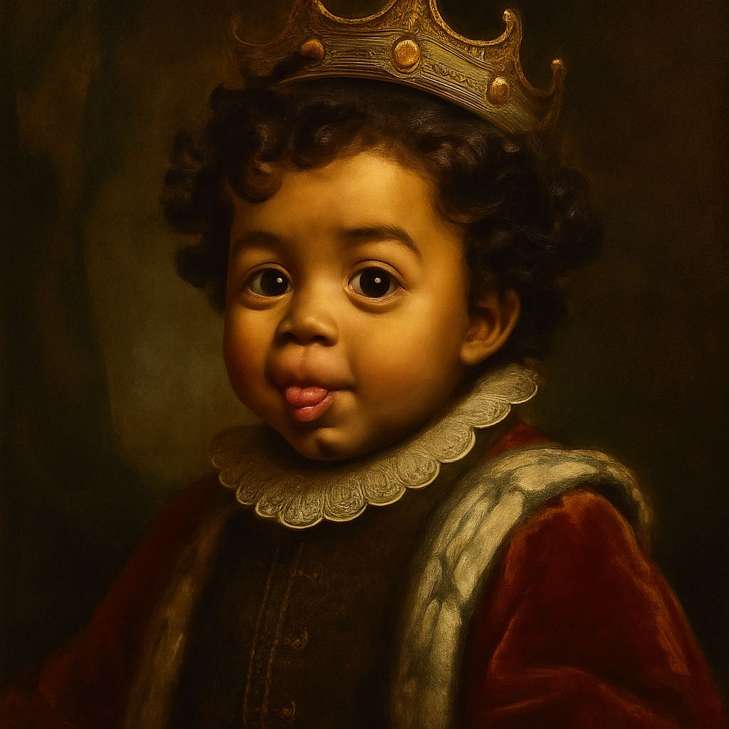 A close-up selfie of a curly-haired toddler making a playful face with their tongue out against a purple wall background, wearing a black shirt with white text partially visible.