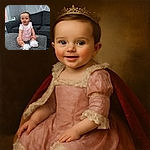 A cheerful baby wearing pink overalls and frilly white socks sits happily on a grey ottoman, with a cozy dark grey couch and silver patterned wallpaper in the background, radiating pure joy and cuteness.