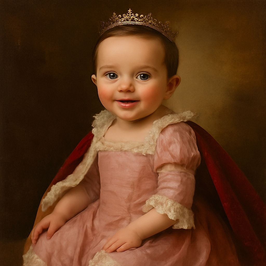 A cheerful baby wearing pink overalls and frilly white socks sits happily on a grey ottoman, with a cozy dark grey couch and silver patterned wallpaper in the background, radiating pure joy and cuteness.