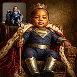 A confident baby dressed as Superman sits proudly in a small armchair, basking in the warm sunlight with a cheeky smirk, ready to save the day from the comfort of their throne.