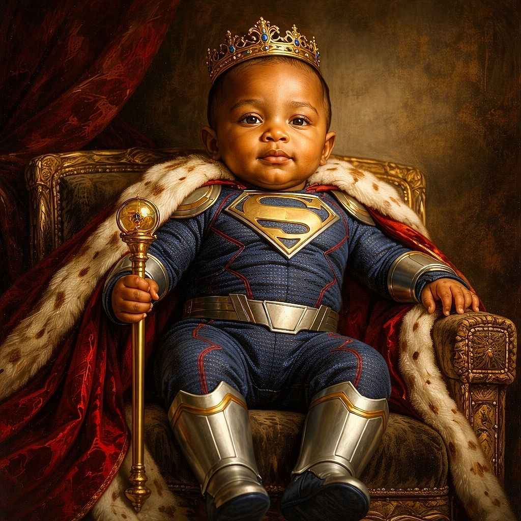 A confident baby dressed as Superman sits proudly in a small armchair, basking in the warm sunlight with a cheeky smirk, ready to save the day from the comfort of their throne.
