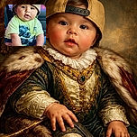 A chubby-cheeked baby sporting a backwards beige cap and a bright green monster truck t-shirt sits comfortably, curiously gazing with wide eyes and slightly open mouth, all set against a softly blurred car interior background.