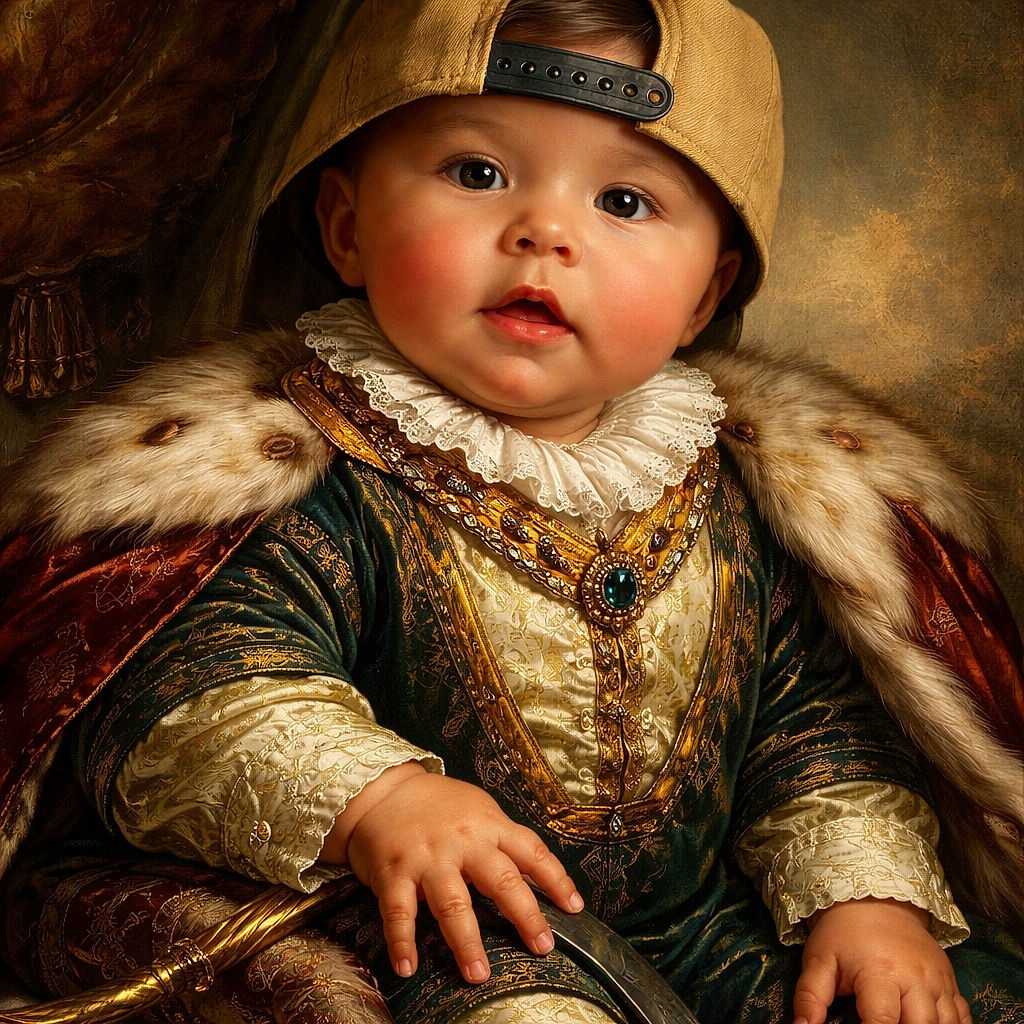 A chubby-cheeked baby sporting a backwards beige cap and a bright green monster truck t-shirt sits comfortably, curiously gazing with wide eyes and slightly open mouth, all set against a softly blurred car interior background.