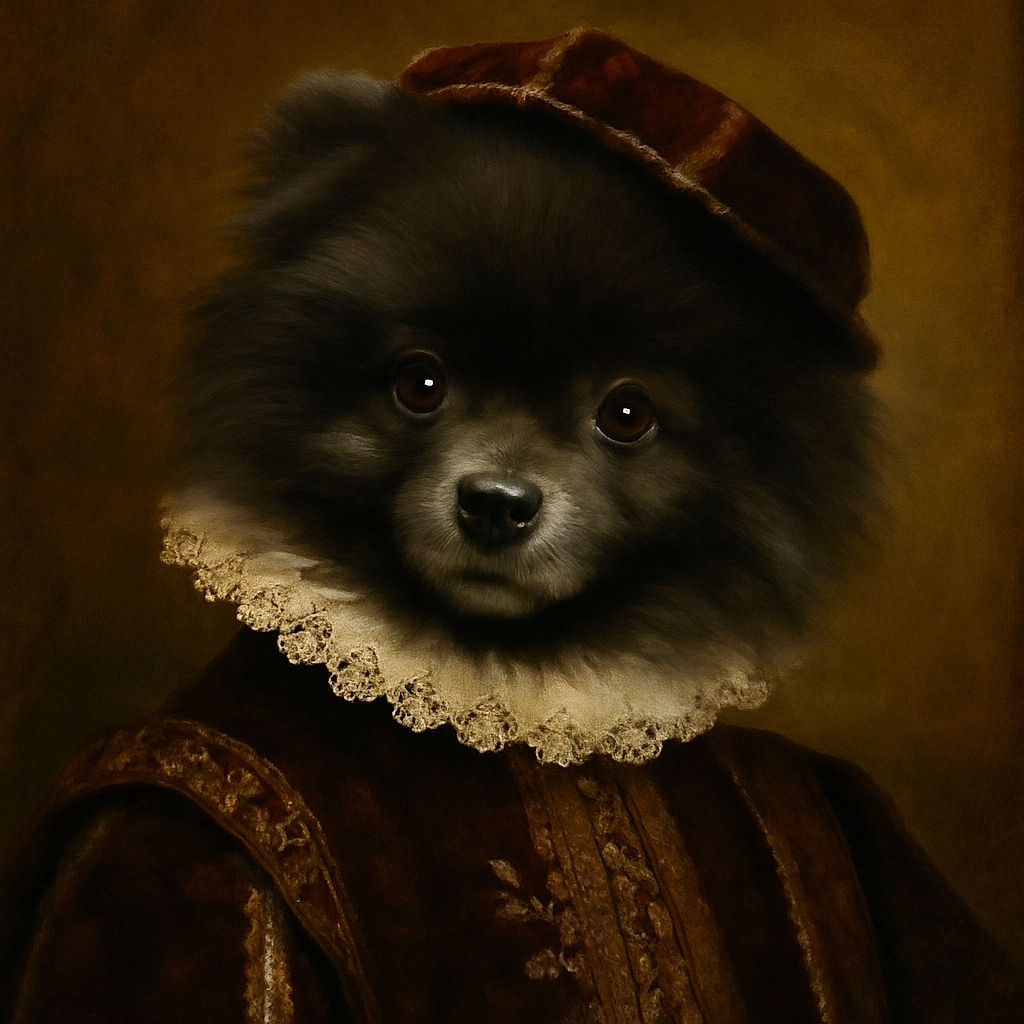 A fuzzy black dog with soulful eyes peers curiously at the camera, its fluffy fur almost blending into the soft, blurred background. The photo has a dreamy filter and some large white text overlay partially visible on the right side.