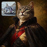 A close-up photo of a gray tabby cat lying on a concrete surface, gazing upwards with wide green eyes and a slightly open mouth, wearing a pink collar. The texture of the fur and the concrete is captured in sharp detail, making the cat look both curious and contemplative.