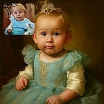 A wide-eyed toddler with a tiny ponytail and a sparkly butterfly clip is dressed in a fluffy blue tutu dress, sitting indoors with a curious and slightly surprised expression, while the background shows a casual setting with some furniture and bags.