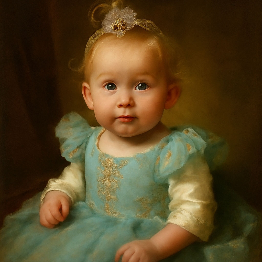 A wide-eyed toddler with a tiny ponytail and a sparkly butterfly clip is dressed in a fluffy blue tutu dress, sitting indoors with a curious and slightly surprised expression, while the background shows a casual setting with some furniture and bags.