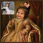 A smiling little girl in a giant pink bow is caught mid-mission while stocking the bookshelf, dressed like a tiny ballerina librarian. Colorful books, a cozy gray sofa, and a confetti-speckled floor complete the scene, with an AI-generated-content watermark quietly photobombing the corner.