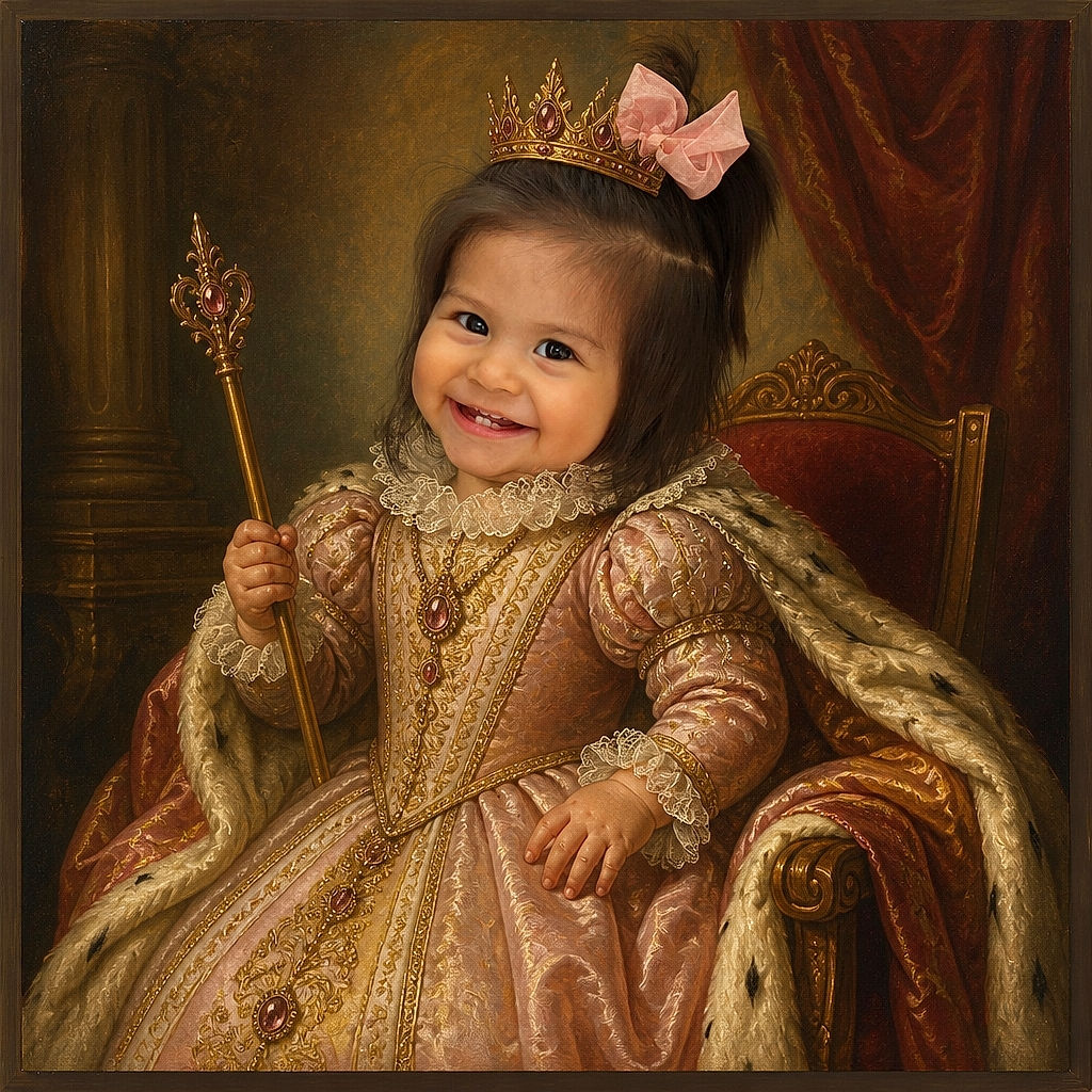 A smiling little girl in a giant pink bow is caught mid-mission while stocking the bookshelf, dressed like a tiny ballerina librarian. Colorful books, a cozy gray sofa, and a confetti-speckled floor complete the scene, with an AI-generated-content watermark quietly photobombing the corner.