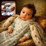 A cute baby is lying comfortably among soft pillows and blankets, looking curiously at the camera with a calm expression and tousled hair, surrounded by cozy home decor.