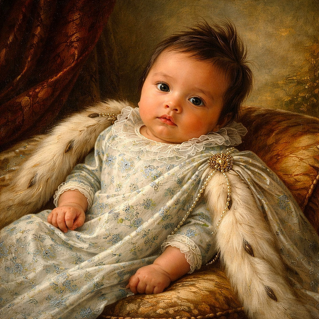 A cute baby is lying comfortably among soft pillows and blankets, looking curiously at the camera with a calm expression and tousled hair, surrounded by cozy home decor.