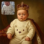 A wide-eyed baby dressed in an adorable fluffy white onesie with a cute bear face design, being held up against a cozy plaid bedspread background. The little one looks curious and slightly surprised, making it a heartwarming and candid moment.