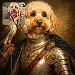 A fluffy golden doodle lounges comfortably on a green couch, sporting a festive red and black checkered bandana that reads 'Holiday Girl'. The cozy setting and soft lighting highlight the dog's expressive eyes and curly fur, making it look like the ultimate holiday companion.