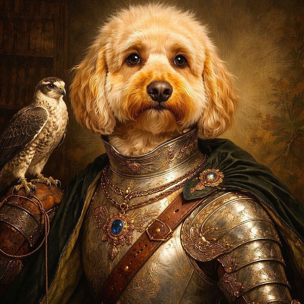 A fluffy golden doodle lounges comfortably on a green couch, sporting a festive red and black checkered bandana that reads 'Holiday Girl'. The cozy setting and soft lighting highlight the dog's expressive eyes and curly fur, making it look like the ultimate holiday companion.