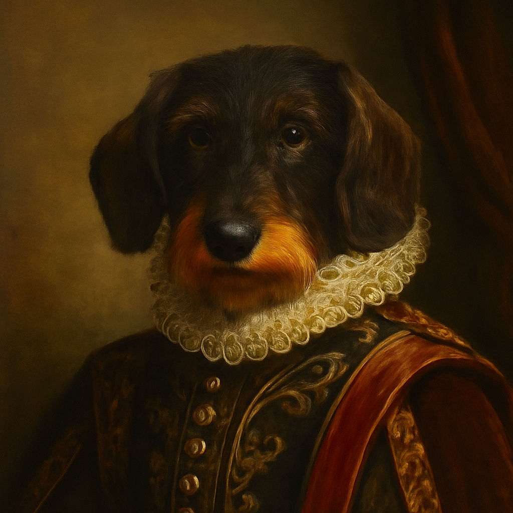 A scruffy black and brown dog with a slightly blurred face stands on a rocky surface, looking curiously at the camera with a leash attached to its collar.