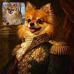 A fluffy, happy Pomeranian dog sitting on a stone floor next to a red rope toy, with a cozy indoor setting including wooden furniture in the background. The dog looks cheerful and ready for playtime.