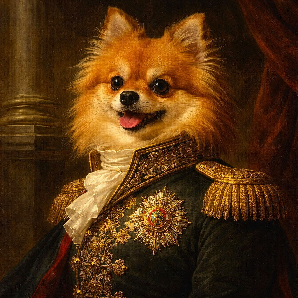 A fluffy, happy Pomeranian dog sitting on a stone floor next to a red rope toy, with a cozy indoor setting including wooden furniture in the background. The dog looks cheerful and ready for playtime.