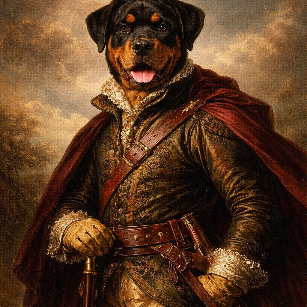 A happy Rottweiler puppy sits obediently on a sandy beach with a clear blue sky in the background, looking straight at the camera with its tongue out and wearing a stylish black harness.