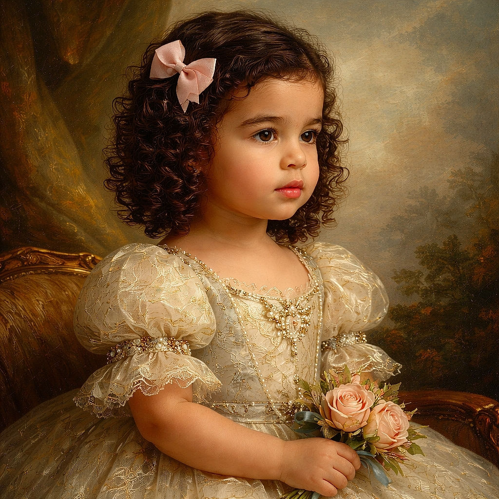 A cute toddler with curly hair and a pink bow, dressed in a denim outfit, sits on a concrete ledge by the water, holding an adult's hand, gazing thoughtfully at the horizon under a cloudy sky.