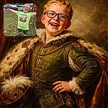A joyful young boy with glasses and a bright green Under Armour shirt poses exuberantly with arms wide open, flashing a big toothy grin missing some teeth, while a girl in the background looks on with a curious expression, all set in a sunny parking lot with cars and trees.