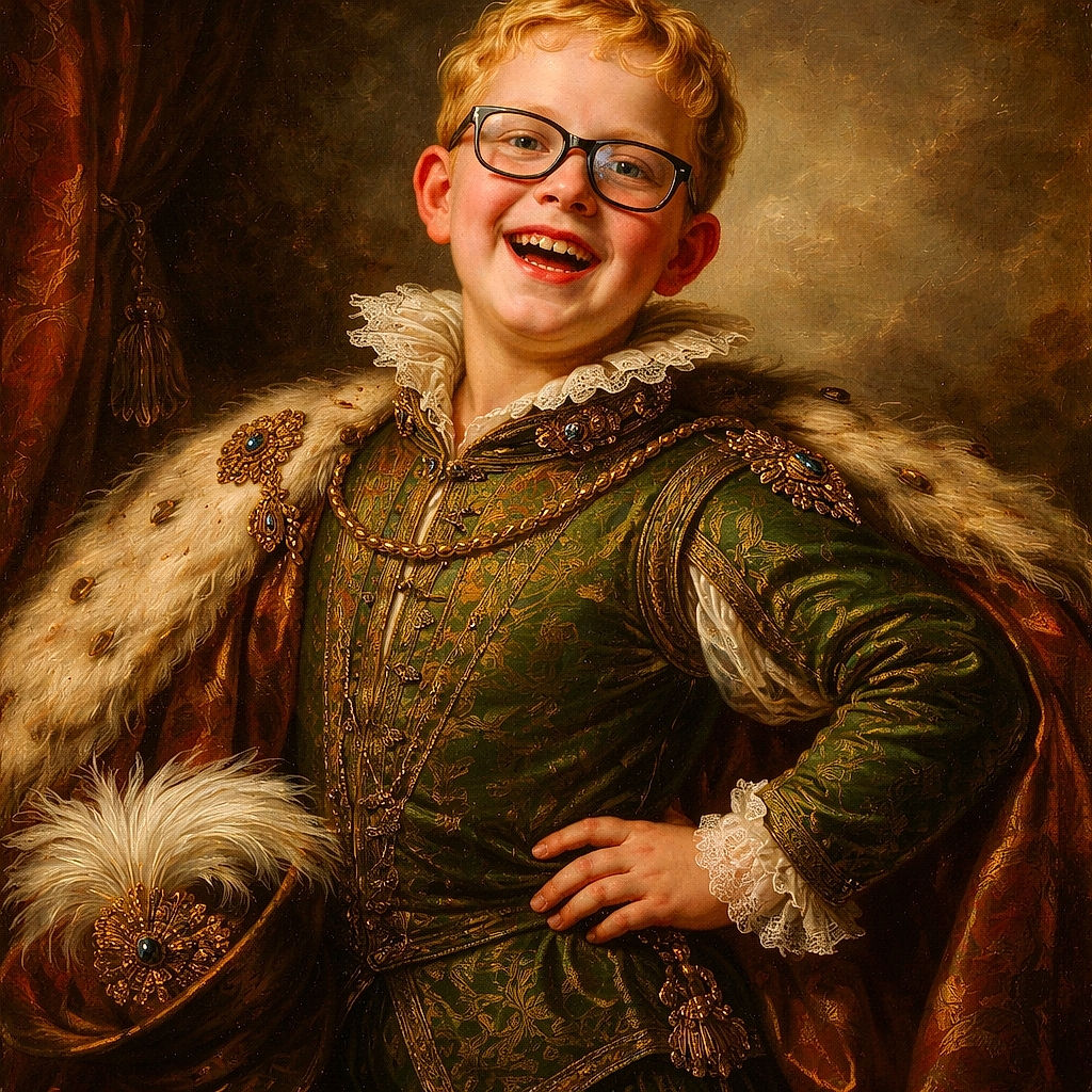 A joyful young boy with glasses and a bright green Under Armour shirt poses exuberantly with arms wide open, flashing a big toothy grin missing some teeth, while a girl in the background looks on with a curious expression, all set in a sunny parking lot with cars and trees.
