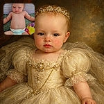 A pudgy, serious-faced baby lounges in a diaper like a tiny CEO — soft blankets behind, chubby limbs akimbo, and a sprinkle of playful cheek freckles adding instant mischief.