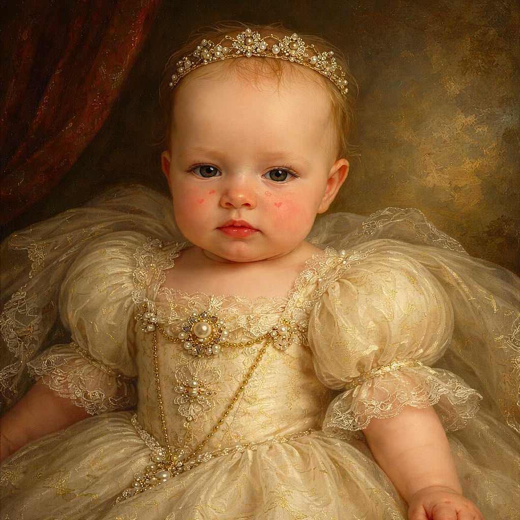 A pudgy, serious-faced baby lounges in a diaper like a tiny CEO — soft blankets behind, chubby limbs akimbo, and a sprinkle of playful cheek freckles adding instant mischief.