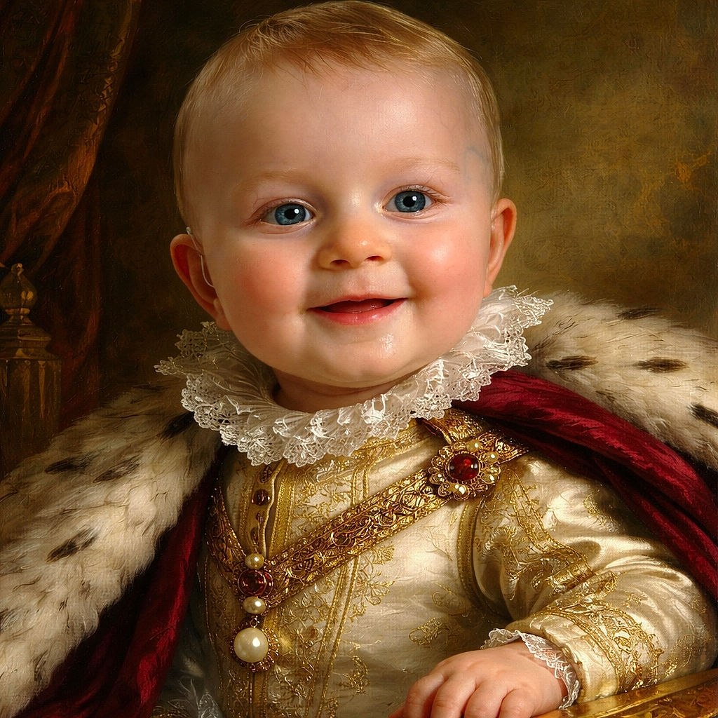 A close-up of a gleeful baby with sparkling blue eyes and a shiny smile, wearing a white shirt with a red collar, sitting comfortably indoors with a softly blurred background.