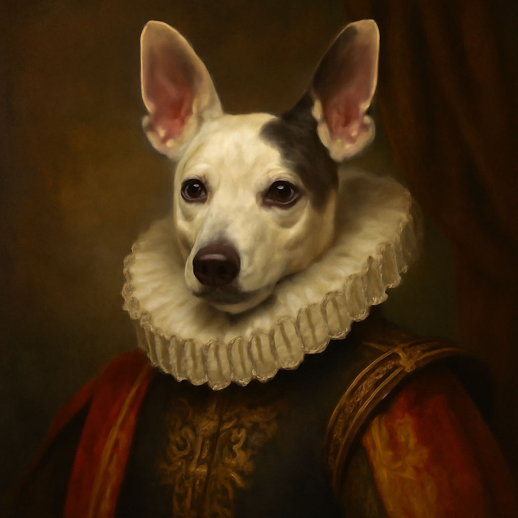 A white dog with black patches lounges on a heavily fur-covered blanket in a cluttered indoor setting. The dog's eyes reflect red from the camera flash, giving it a slightly eerie look, while the background shows a mix of furniture and household items in dim lighting.