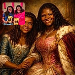 Two smiling women sitting side by side, each holding a Playbill for The Lion King, with a vibrant background and casual attire, capturing a joyful moment likely at a theater.
