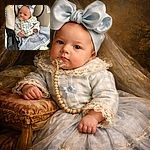 A tiny, serious-faced baby bundled in blue checkers and an oversized bow glares into the camera while clutching a pacifier on a beaded leash like a very small, very fashionable negotiator of naps.